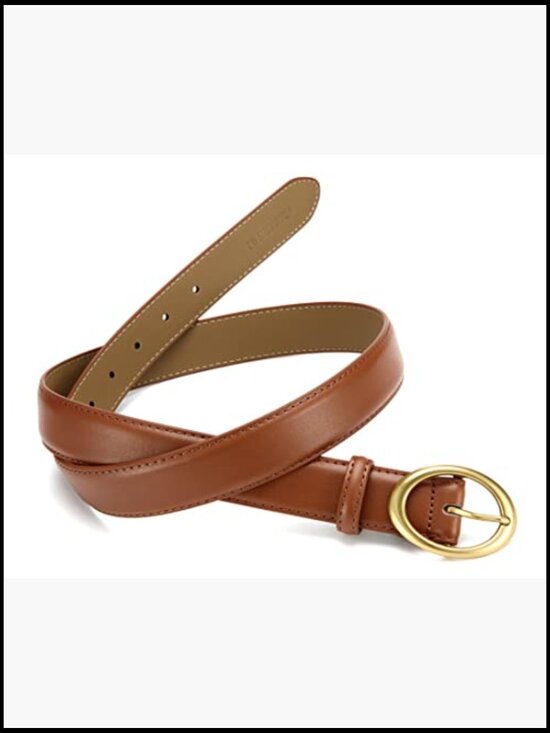 Women\'s Leather Belt with Gold Oval Buckle for Jeans Pants